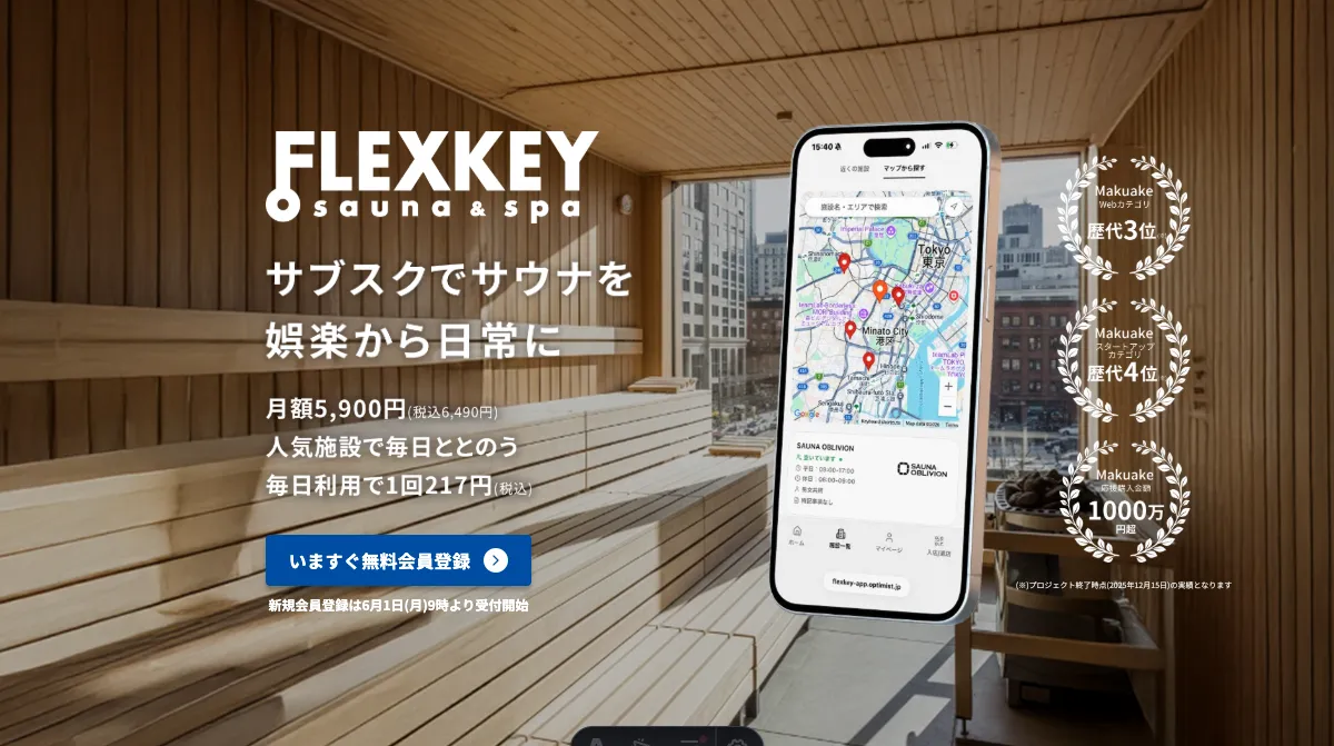 サウナのサブスク「FLEXKEY」のサービス紹介ビジュアル