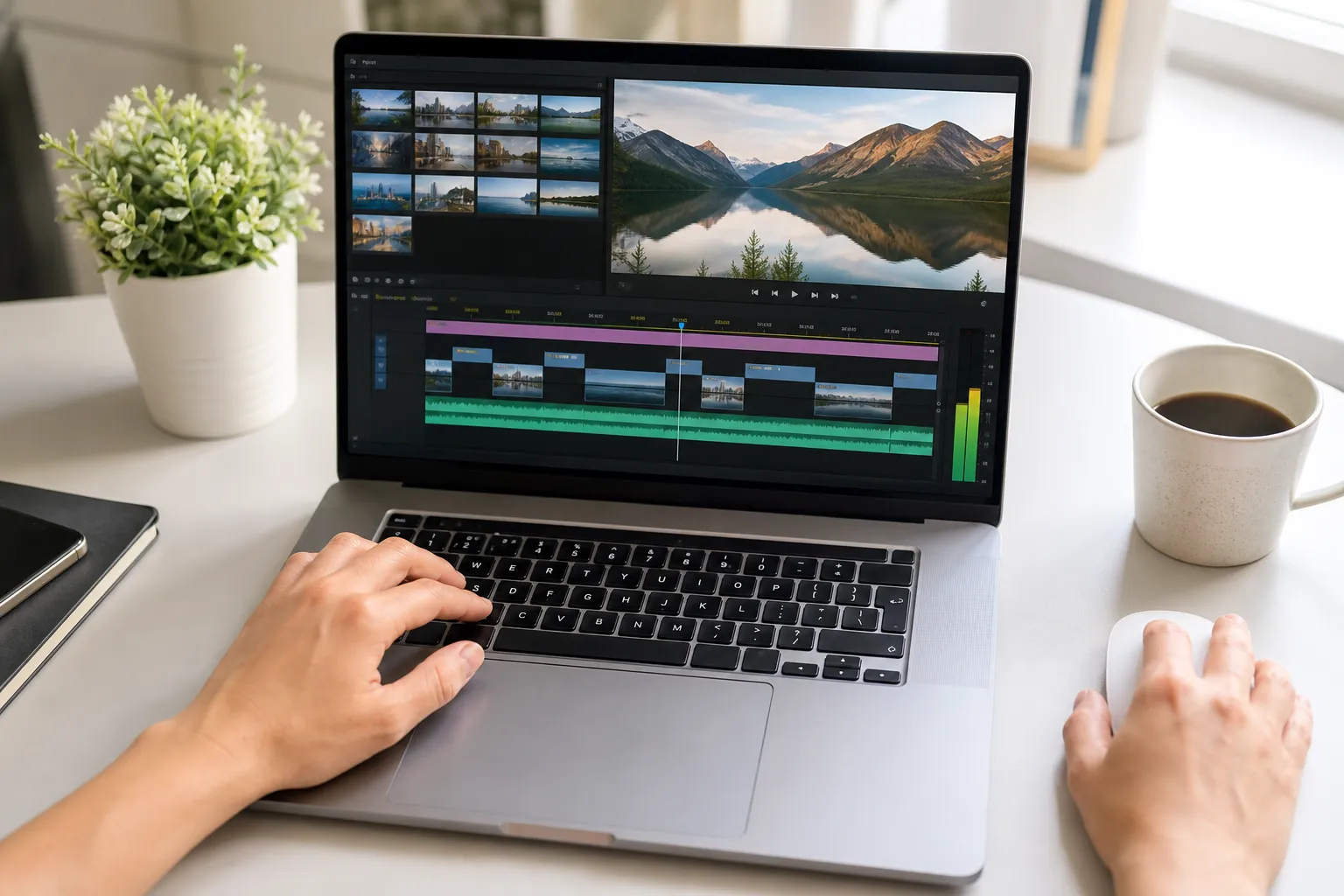 ノートPCで動画編集ソフトのタイムラインを操作する手元